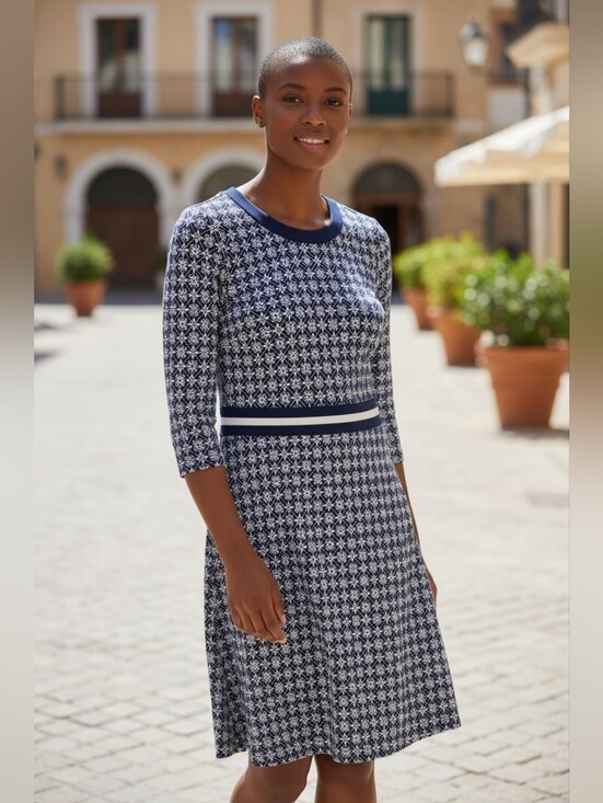 Draper James Dresses & Skirts - Draper James Navy Patterned Three-Quarter Sleeve Fit-and-Flare Dress